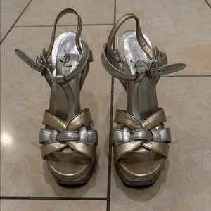Yves Saint Laurent Metallic Gold and Silver Tribute Knotted Slingback Heels